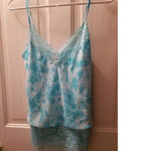 NEW Studio Y Camisole Turquoise Blue Floral Design w/Lace Large Women's